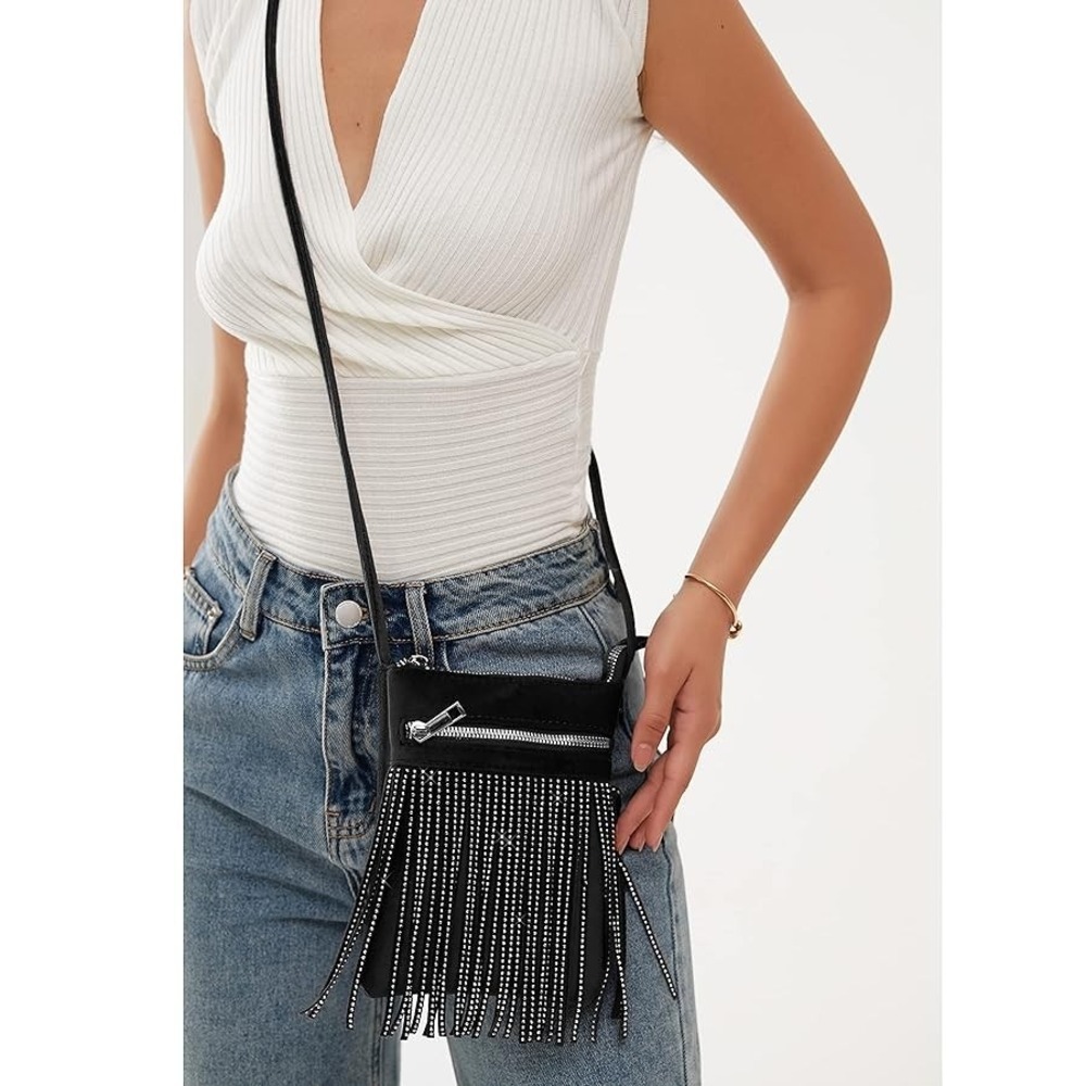 New HOXIS Tassel Velvet Crossbody Bag Navy Blue Glitter Sling Rivet Studded NWT